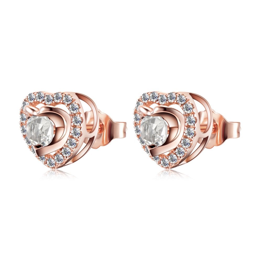 SPARKLD 9ct Rose Gold Diamond and White Topaz Heart Stud Earrings