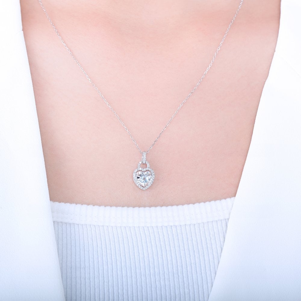SPARKLD 9ct White Gold Diamond and Blue Topaz Heart Pendant Necklace