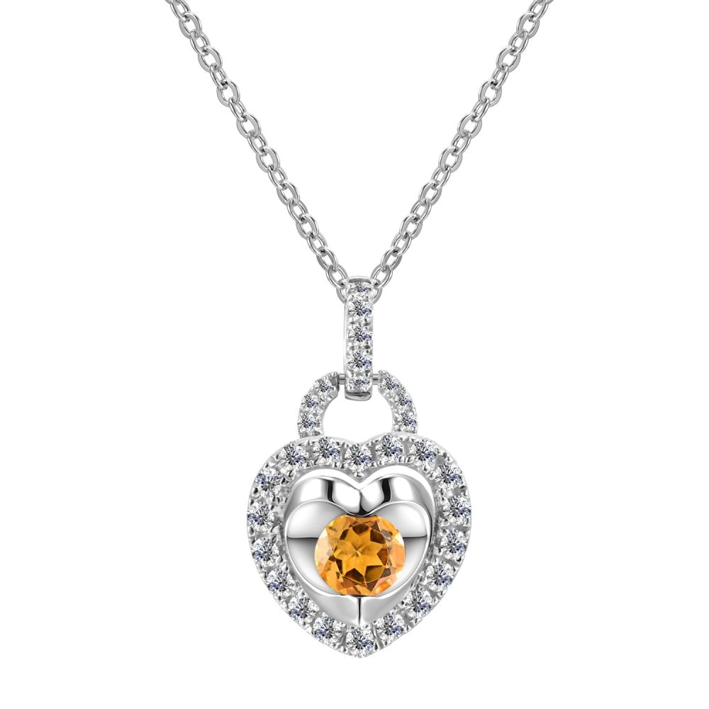 SPARKLD 9ct White Gold Diamond and Citrine Heart Pendant Necklace