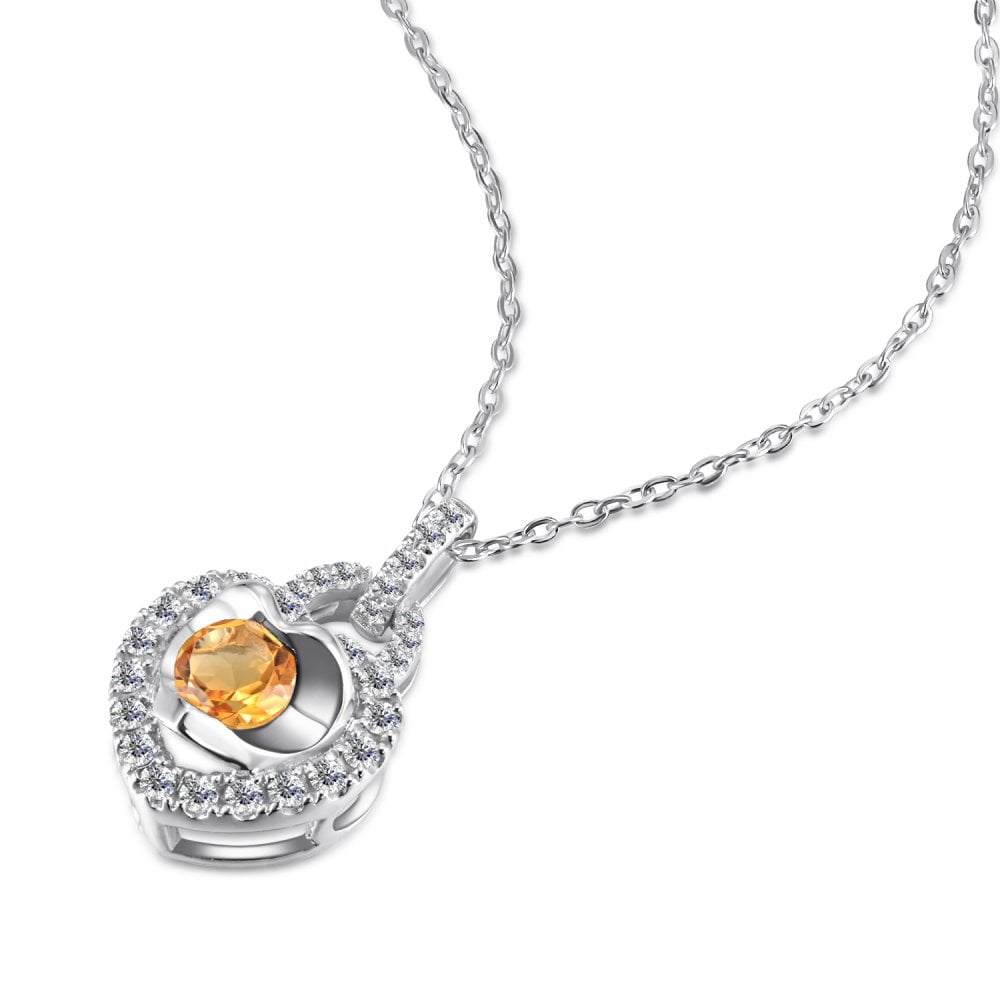 SPARKLD 9ct White Gold Diamond and Citrine Heart Pendant Necklace