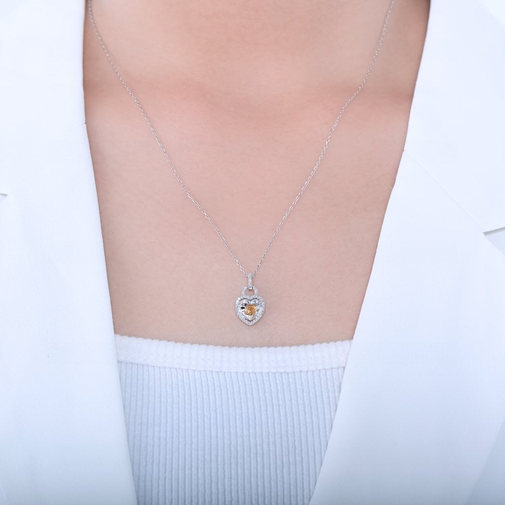 SPARKLD 9ct White Gold Diamond and Citrine Heart Pendant Necklace