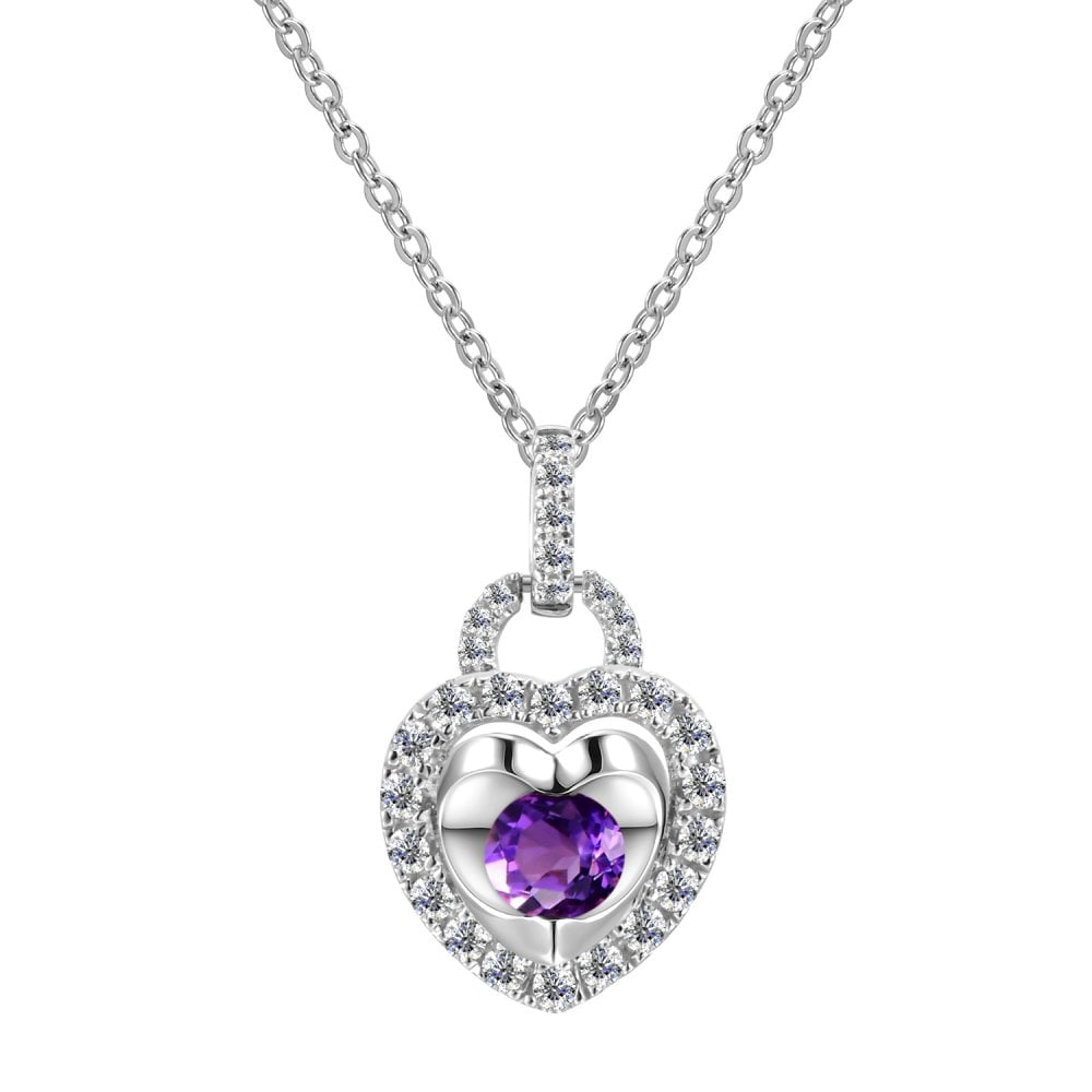SPARKLD 9ct White Gold Diamond and Amethyst Heart Pendant Necklace