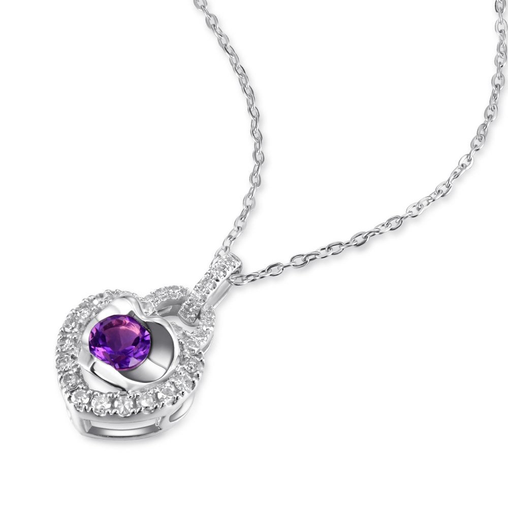 SPARKLD 9ct White Gold Diamond and Amethyst Heart Pendant Necklace