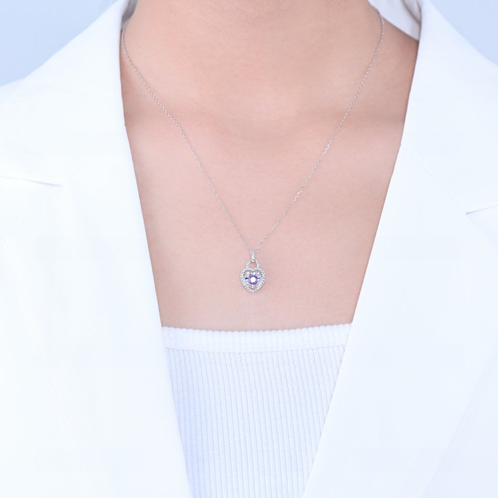 SPARKLD 9ct White Gold Diamond and Amethyst Heart Pendant Necklace