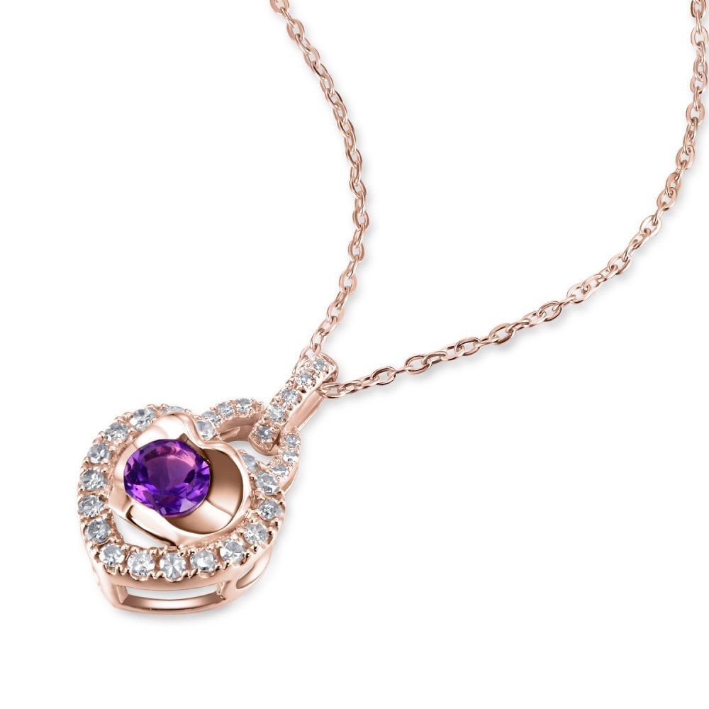 SPARKLD 9ct Rose Gold Diamond and Amethyst Heart Pendant Necklace
