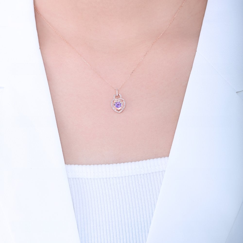 SPARKLD 9ct Rose Gold Diamond and Amethyst Heart Pendant Necklace