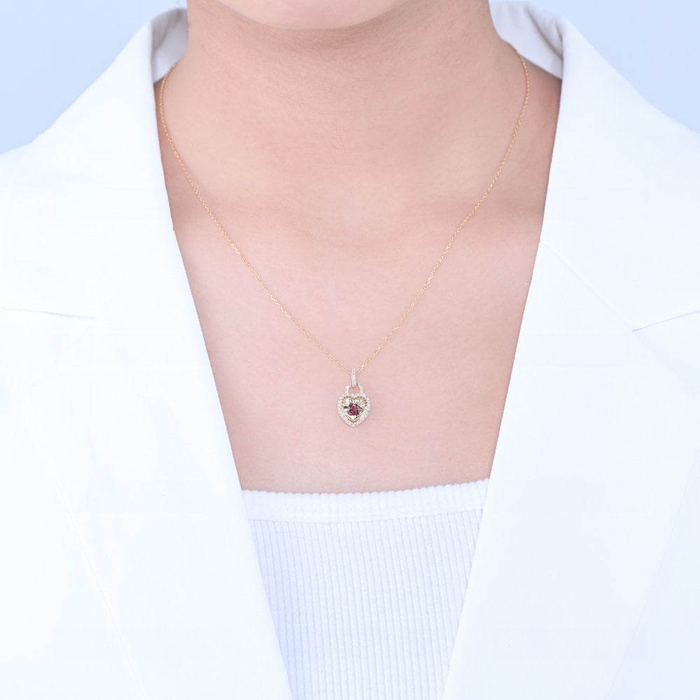 SPARKLD 9ct Yellow Gold Diamond and Garnet Heart Pendant Necklace