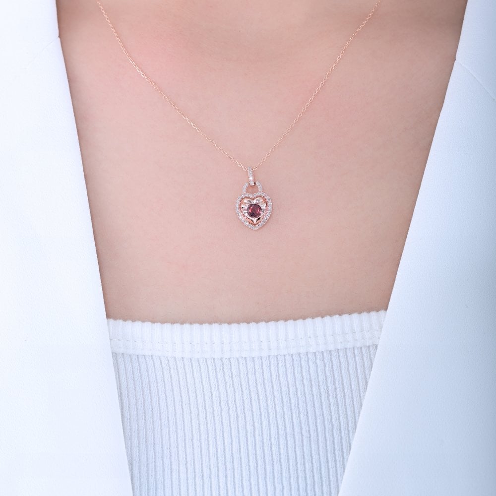 SPARKLD 9ct Rose Gold Diamond and Garnet Heart Pendant Necklace