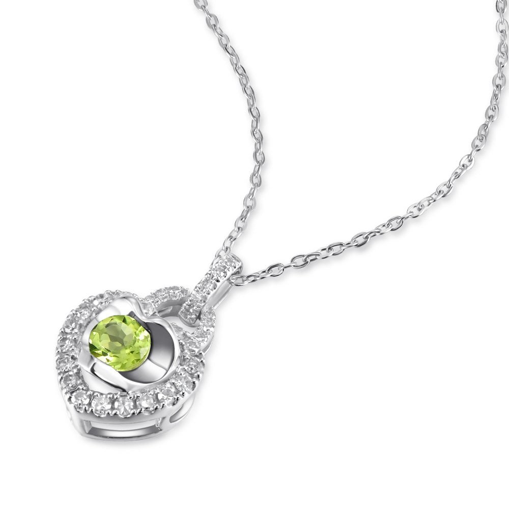 SPARKLD 9ct White Gold Diamond and Peridot Heart Pendant Necklace