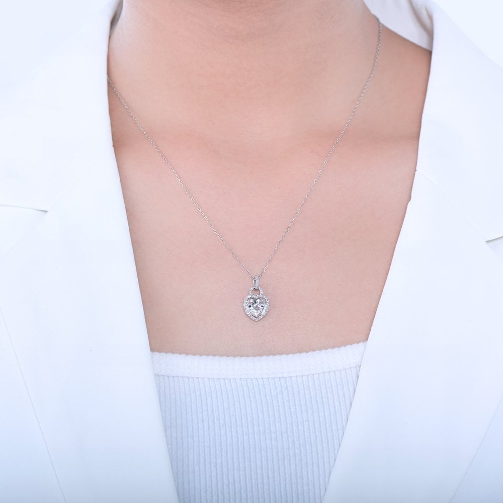 SPARKLD 9ct White Gold Diamond and White Topaz Heart Pendant Necklace