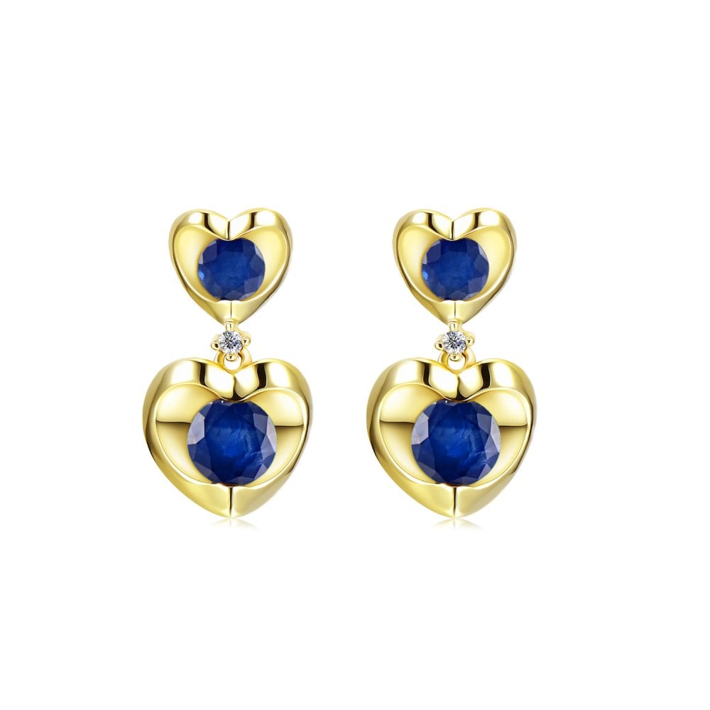 SPARKLD 9ct Yellow Gold Diamond and Sapphire Heart Drop Earrings