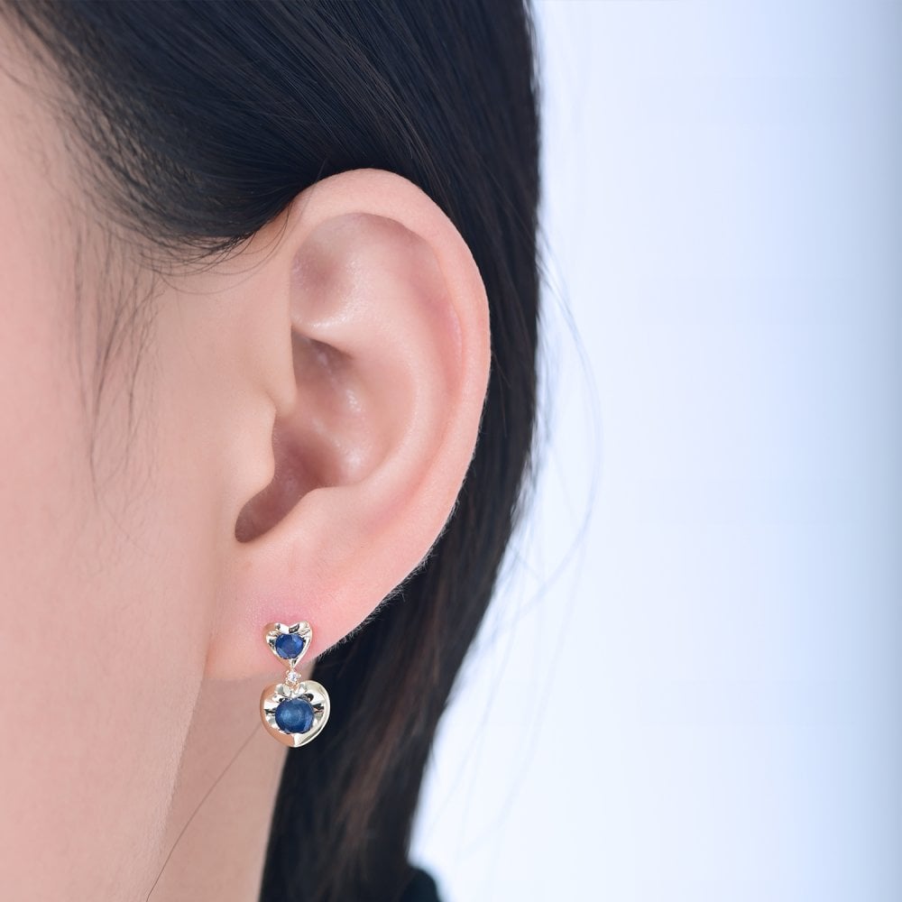 SPARKLD 9ct Yellow Gold Diamond and Sapphire Heart Drop Earrings