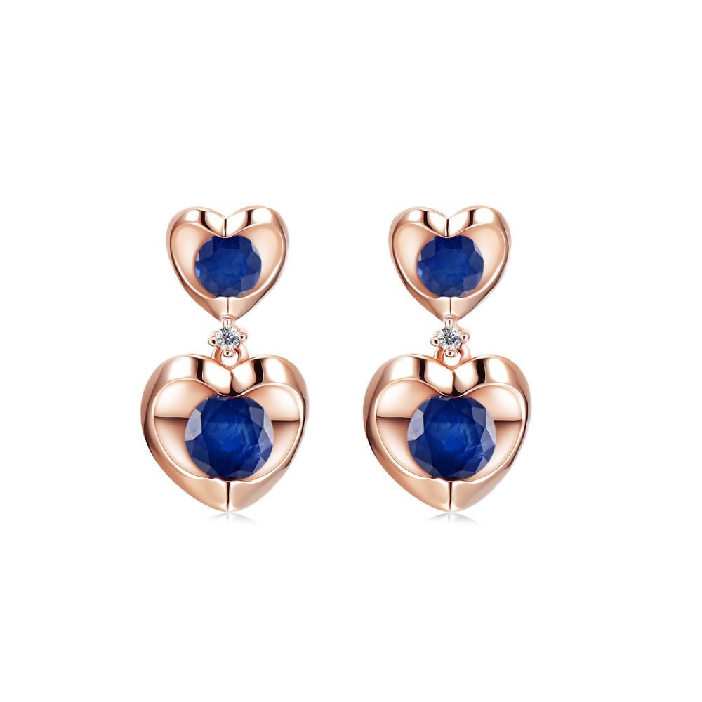 SPARKLD 9ct Rose Gold Diamond and Sapphire Heart Drop Earrings