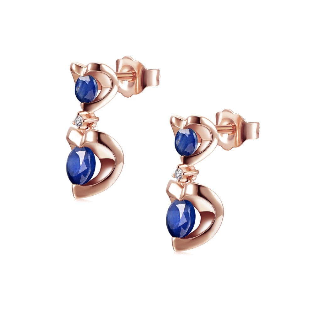 SPARKLD 9ct Rose Gold Diamond and Sapphire Heart Drop Earrings