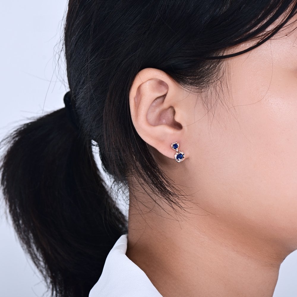 SPARKLD 9ct Rose Gold Diamond and Sapphire Heart Drop Earrings