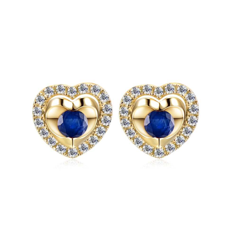 SPARKLD 9ct Yellow Gold Diamond and Sapphire Heart Stud Earrings
