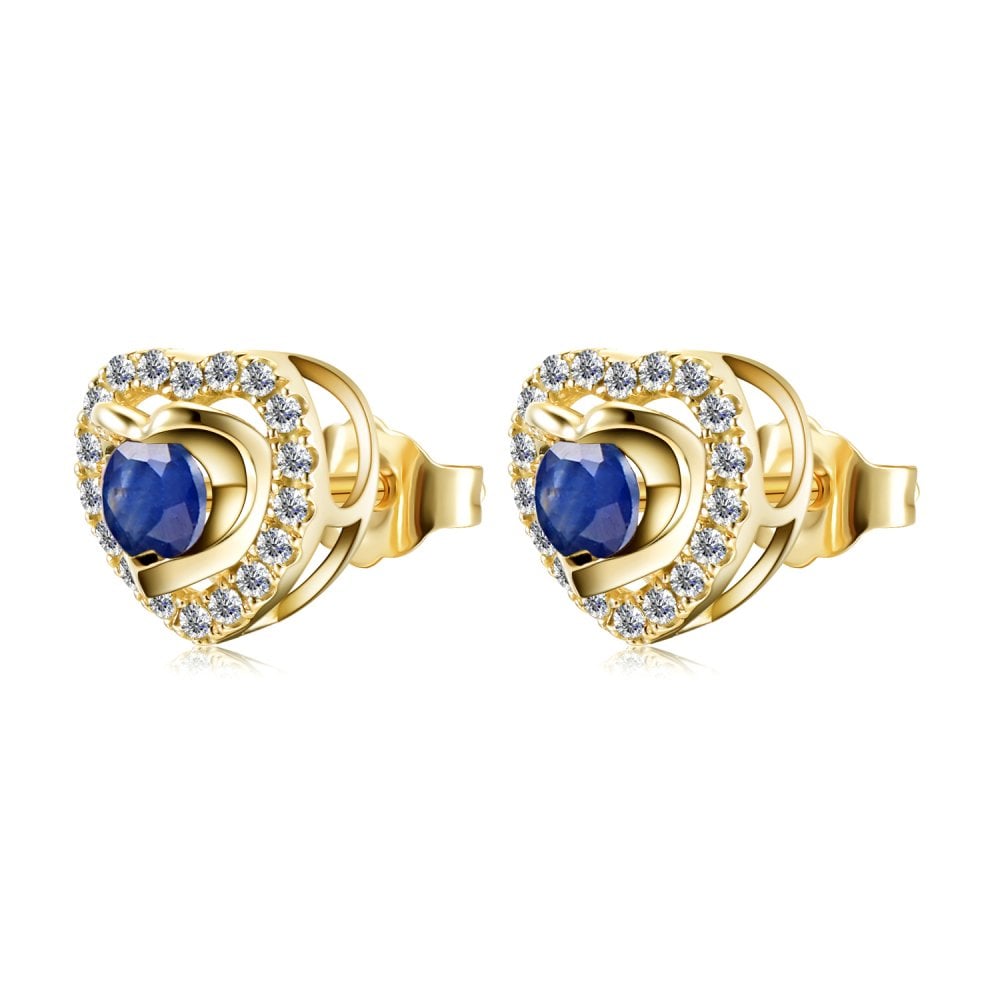 SPARKLD 9ct Yellow Gold Diamond and Sapphire Heart Stud Earrings