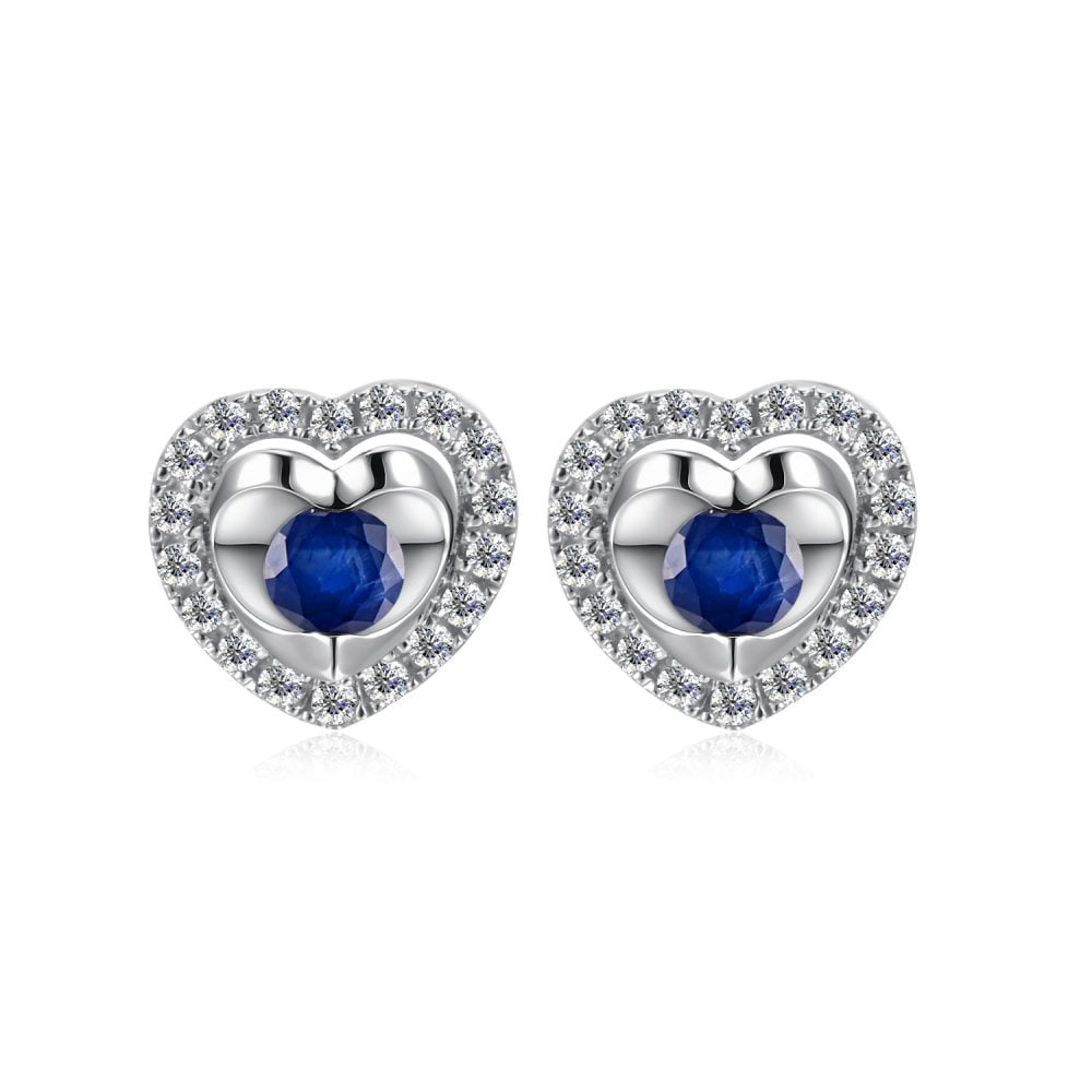 SPARKLD 9ct White Gold Diamond and Sapphire Heart Stud Earrings