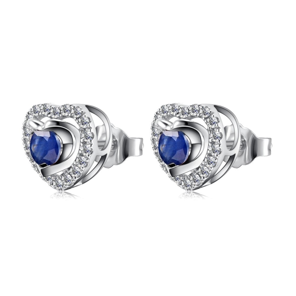 SPARKLD 9ct White Gold Diamond and Sapphire Heart Stud Earrings