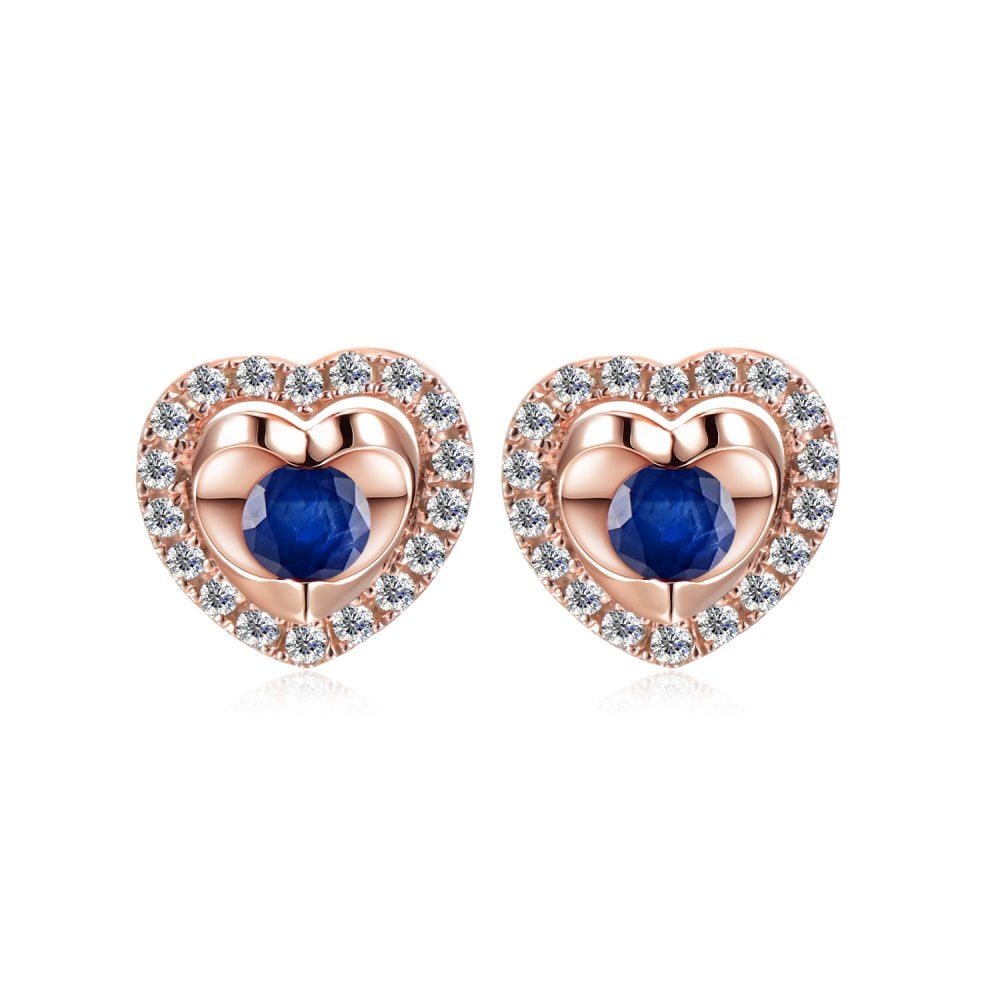 SPARKLD 9ct Rose Gold Diamond and Sapphire Heart Stud Earrings
