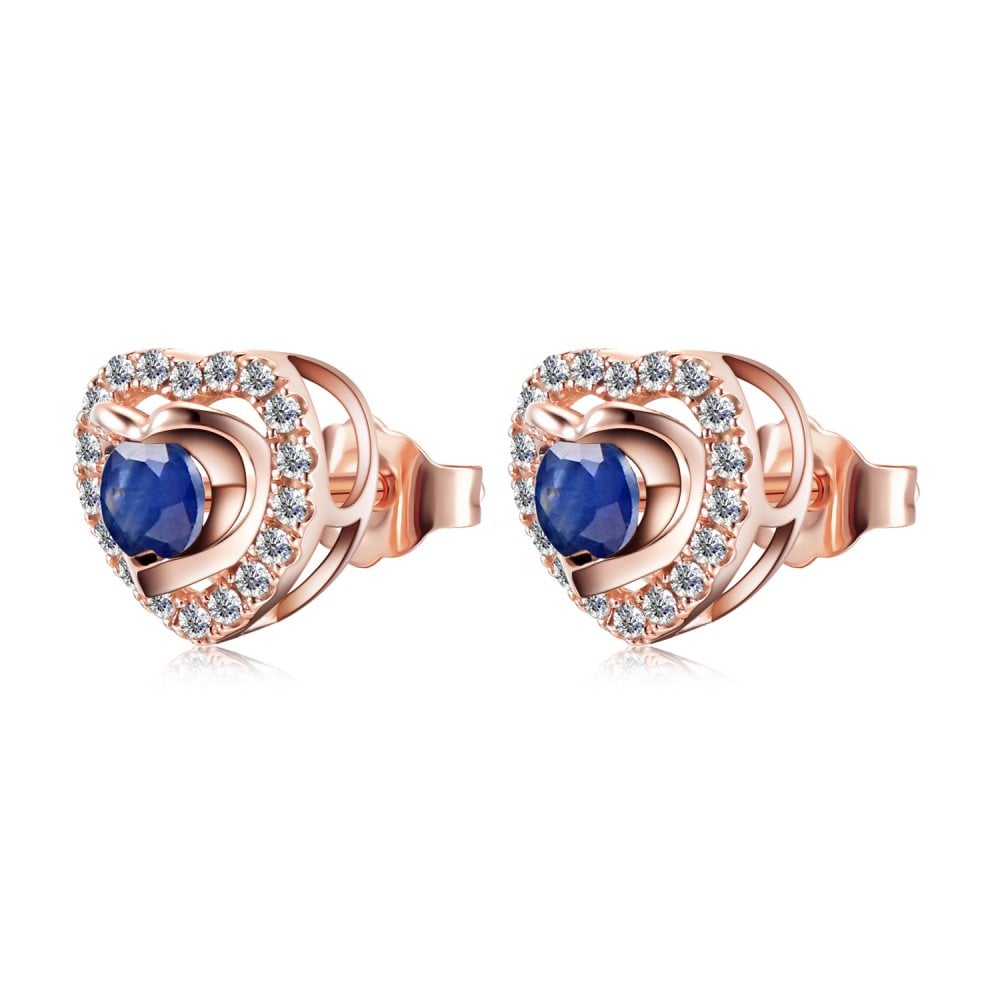 SPARKLD 9ct Rose Gold Diamond and Sapphire Heart Stud Earrings