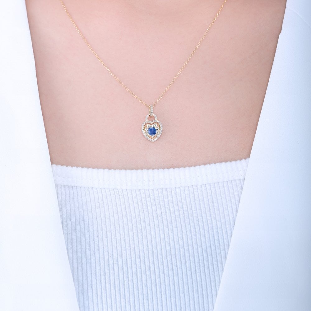 SPARKLD 9ct Yellow Gold Diamond and Sapphire Heart Pendant Necklace