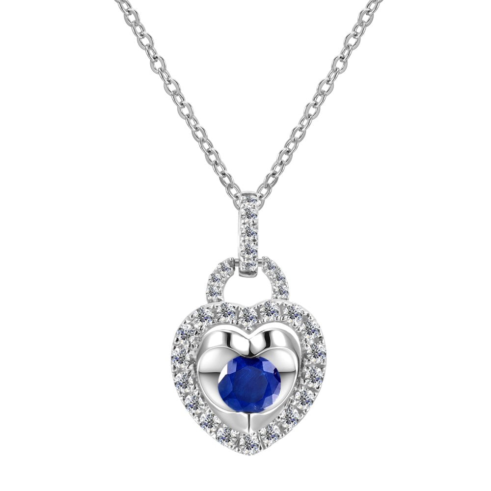 SPARKLD 9ct White Gold Diamond and Sapphire Heart Pendant Necklace
