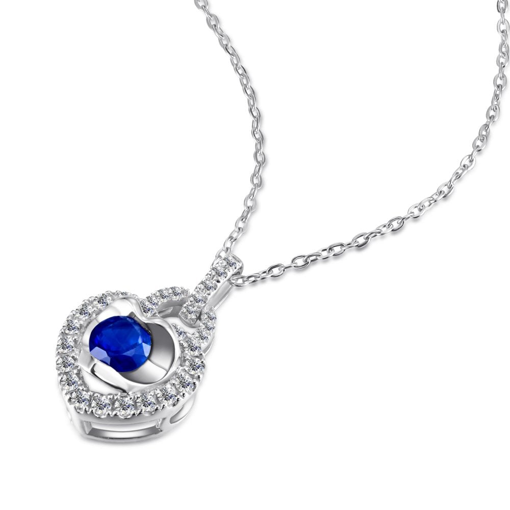 SPARKLD 9ct White Gold Diamond and Sapphire Heart Pendant Necklace