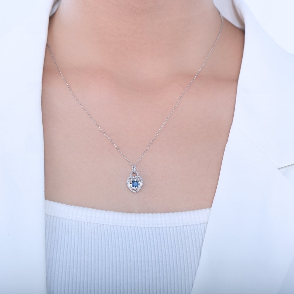 SPARKLD 9ct White Gold Diamond and Sapphire Heart Pendant Necklace