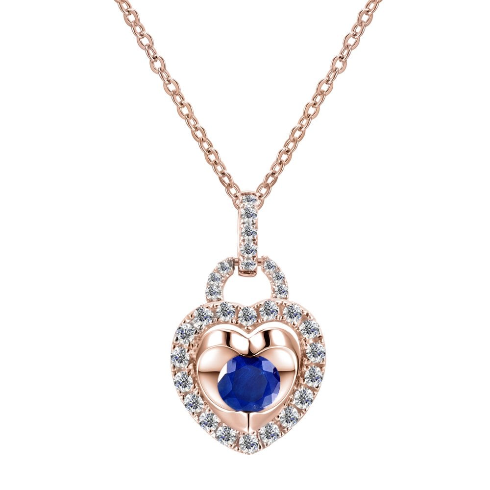 SPARKLD 9ct Rose Gold Diamond and Sapphire Heart Pendant Necklace