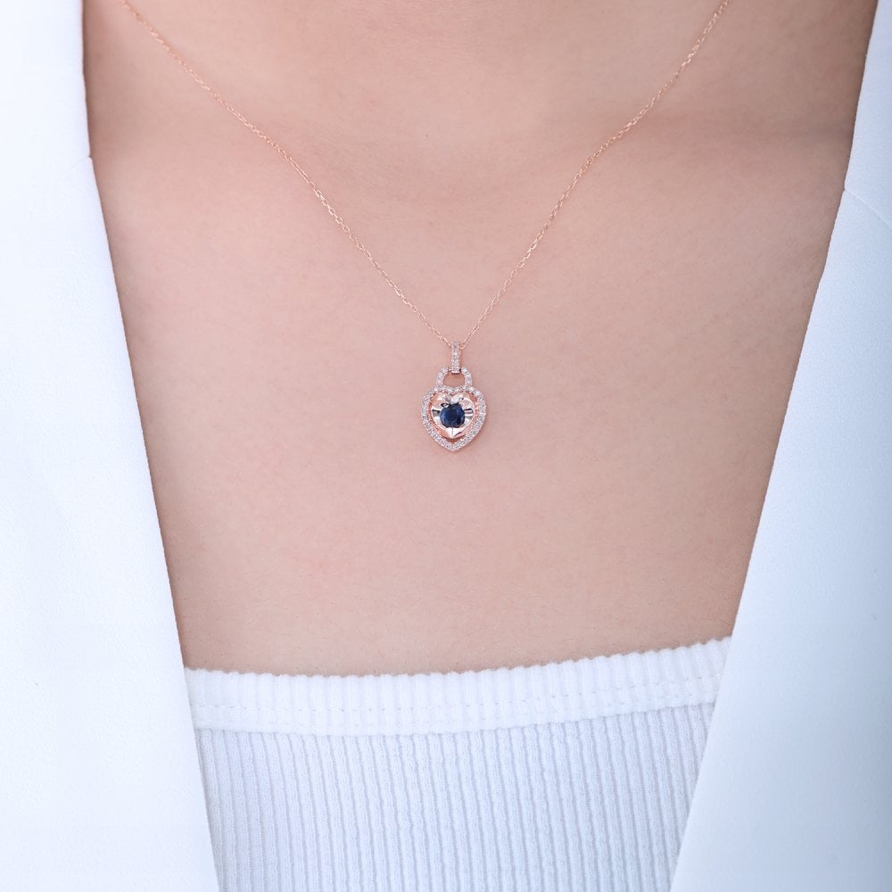 SPARKLD 9ct Rose Gold Diamond and Sapphire Heart Pendant Necklace