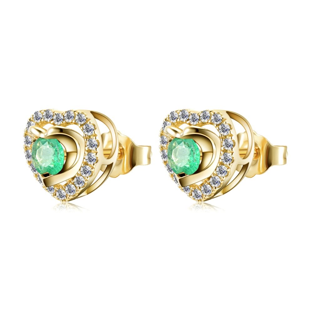 SPARKLD 9ct Yellow Gold Diamond and Emerald Heart Stud Earrings