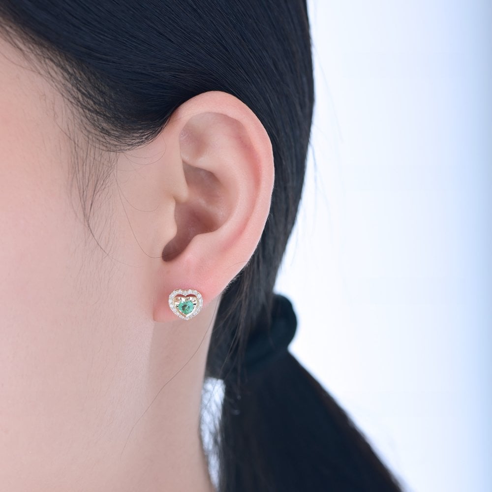 SPARKLD 9ct Yellow Gold Diamond and Emerald Heart Stud Earrings