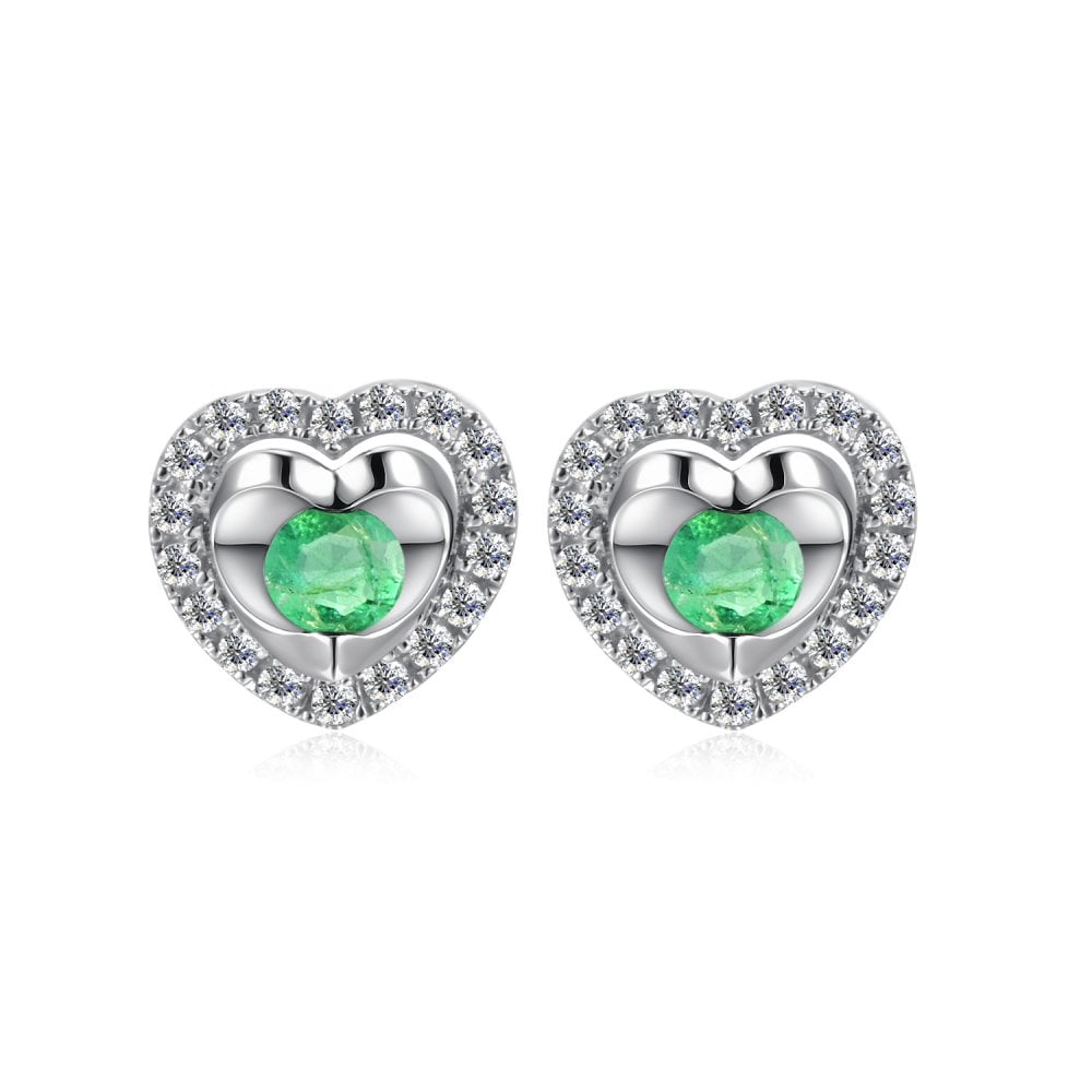 SPARKLD 9ct White Gold Diamond and Emerald Heart Stud Earrings