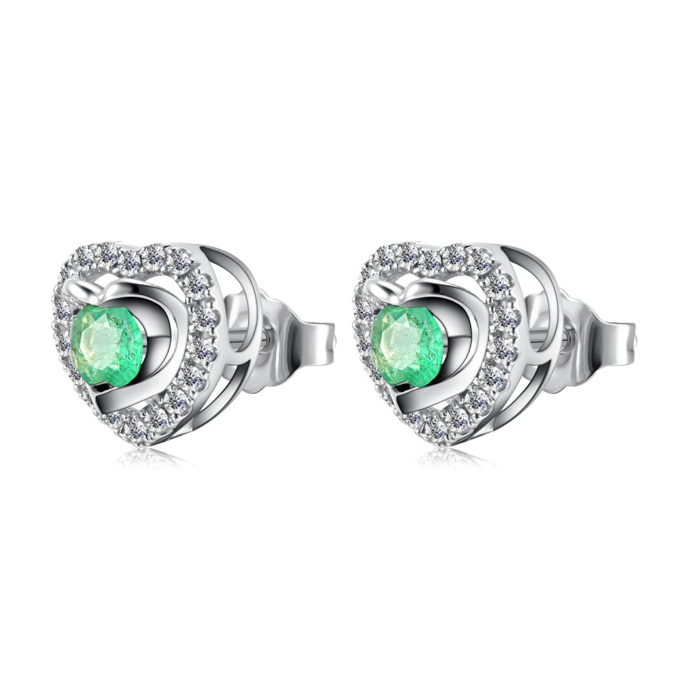 SPARKLD 9ct White Gold Diamond and Emerald Heart Stud Earrings