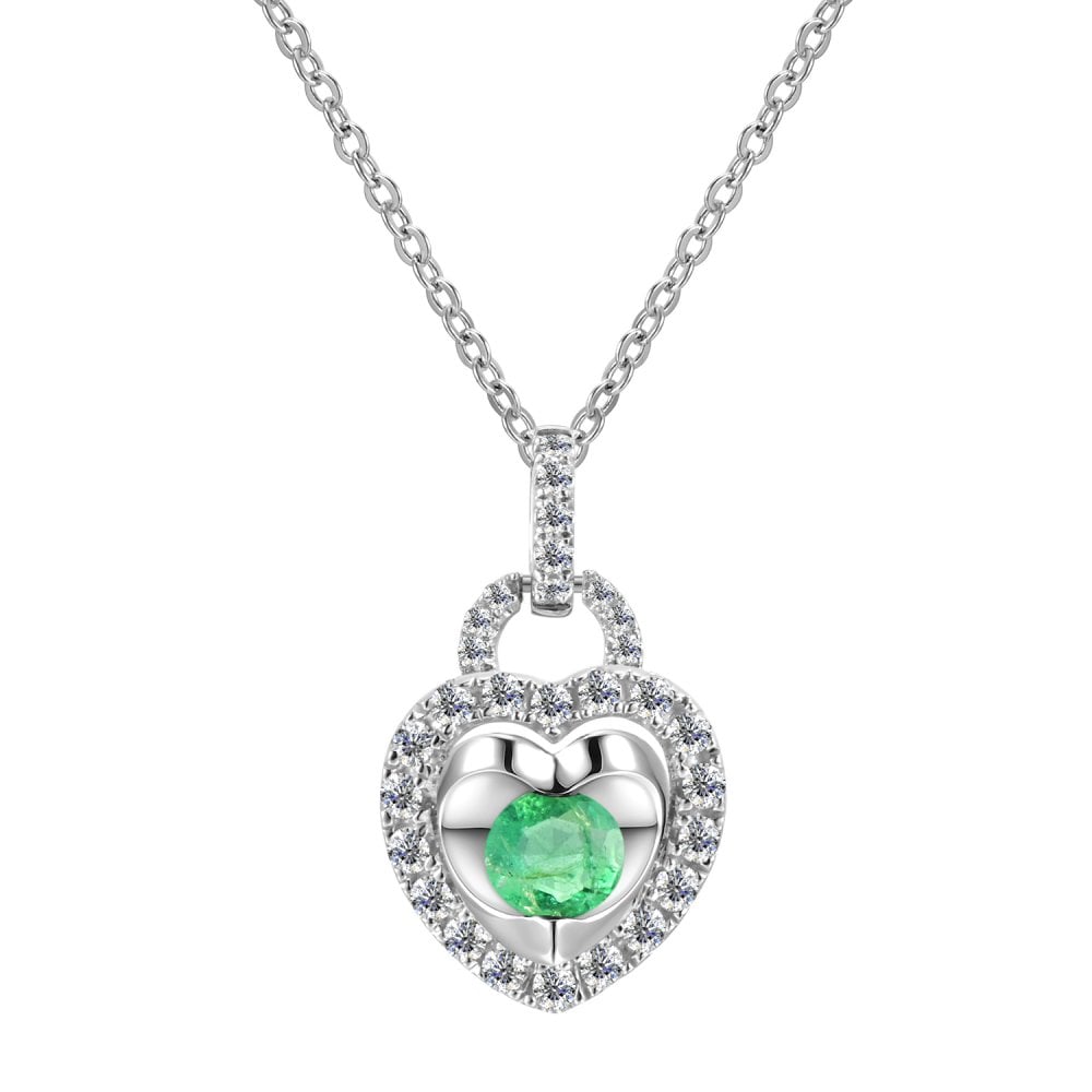 SPARKLD 9ct White Gold Diamond and Emerald Heart Pendant Necklace