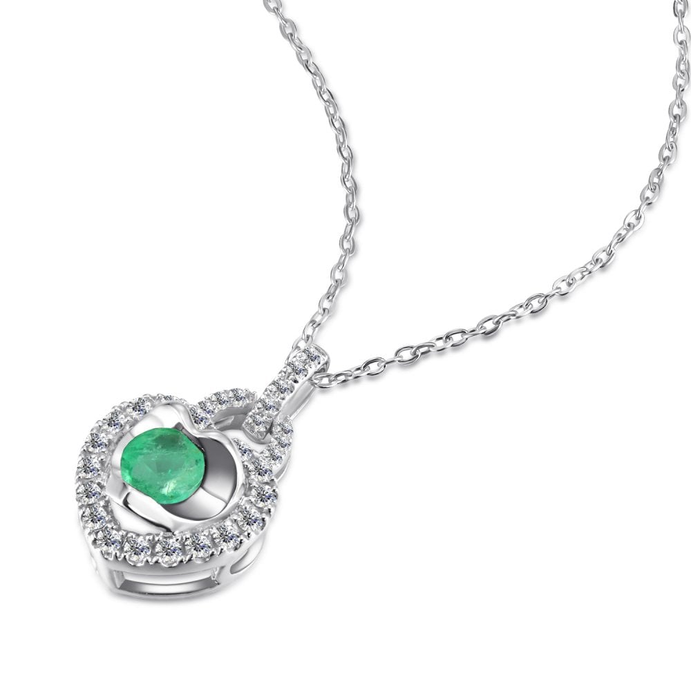 SPARKLD 9ct White Gold Diamond and Emerald Heart Pendant Necklace