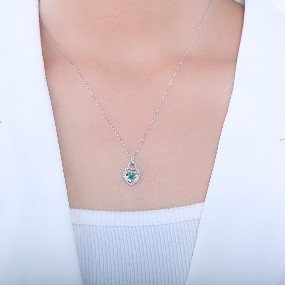 SPARKLD 9ct White Gold Diamond and Emerald Heart Pendant Necklace
