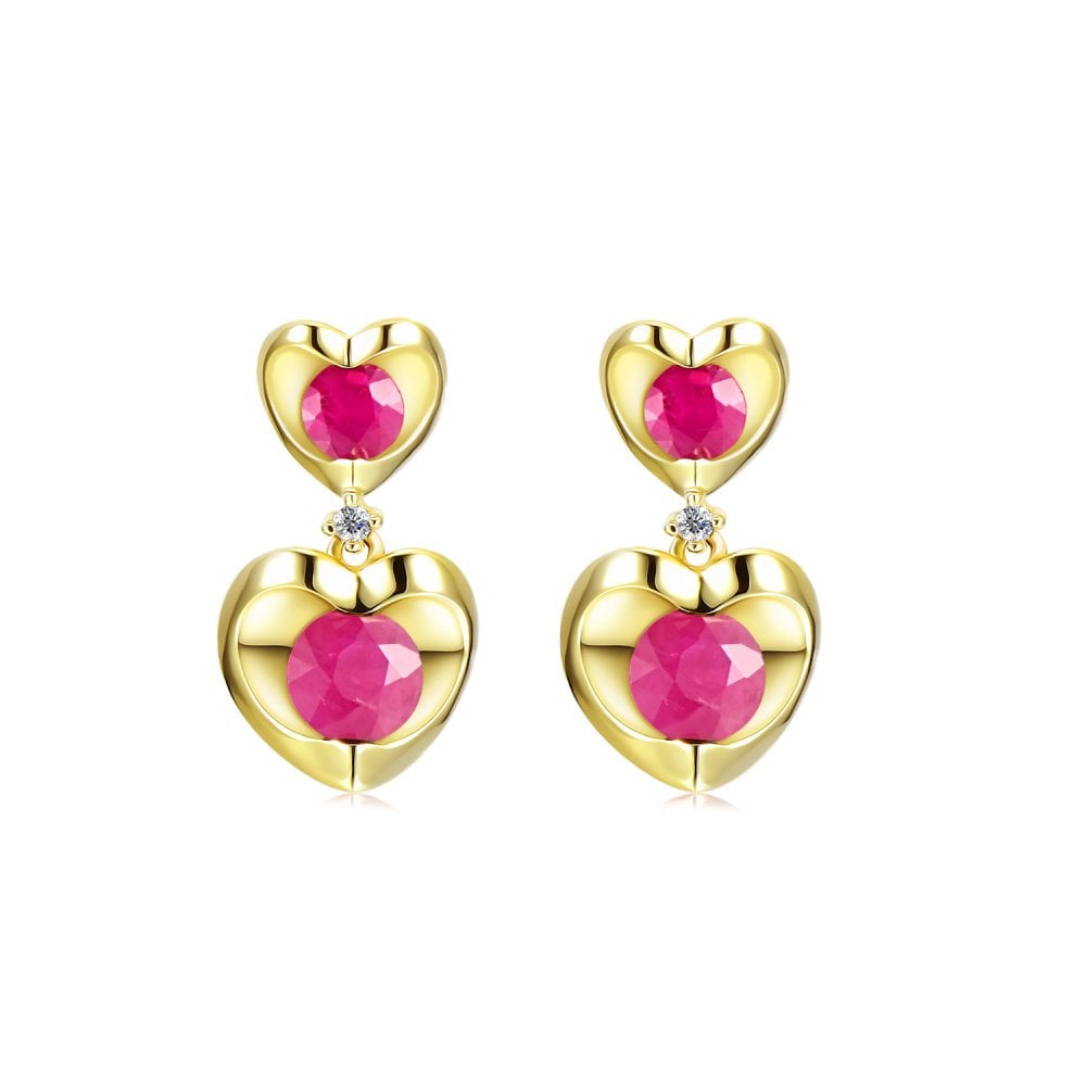 SPARKLD 9ct Yellow Gold Diamond and Ruby Heart Drop Earrings