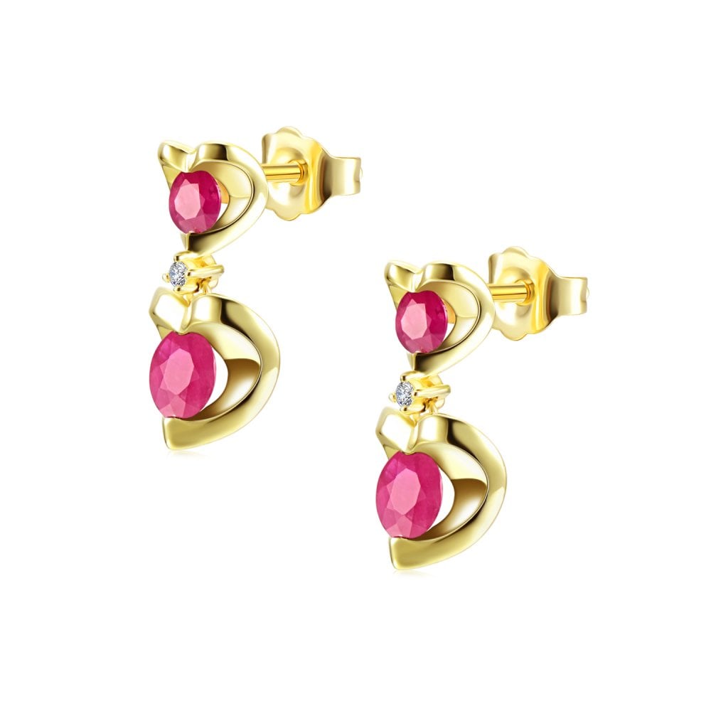 SPARKLD 9ct Yellow Gold Diamond and Ruby Heart Drop Earrings