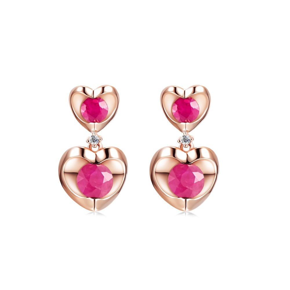 SPARKLD 9ct Rose Gold Diamond and Ruby Heart Drop Earrings