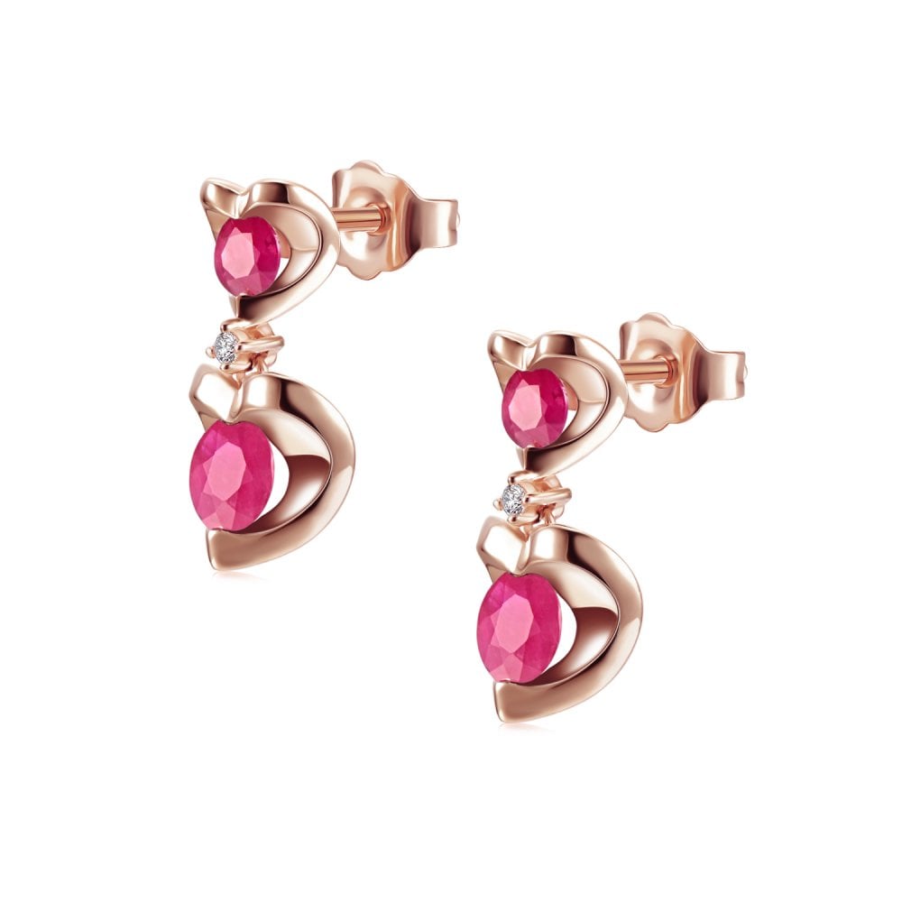 SPARKLD 9ct Rose Gold Diamond and Ruby Heart Drop Earrings