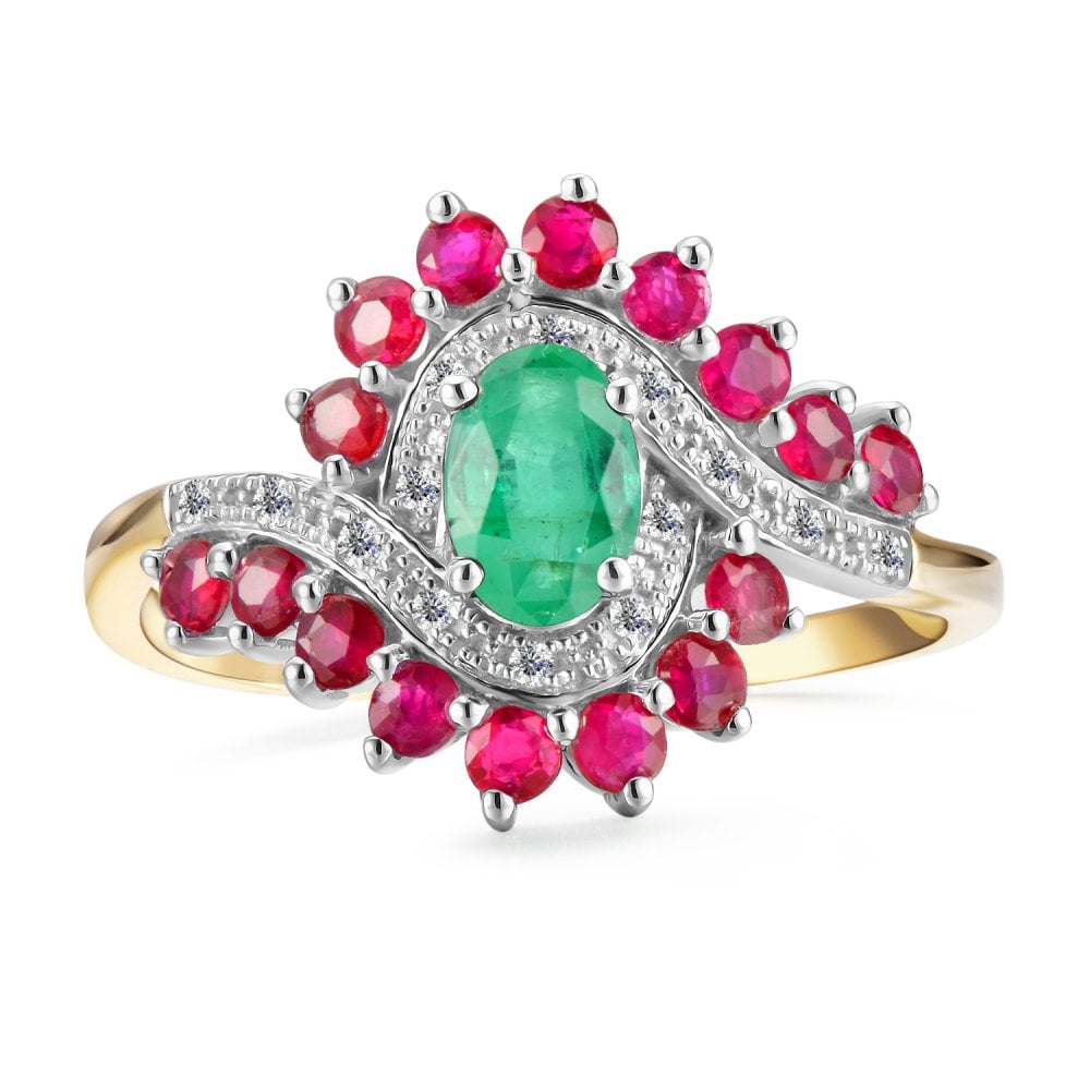 SPARKLD 9ct Yellow Gold Diamond and Multi Gem Cluster Ring