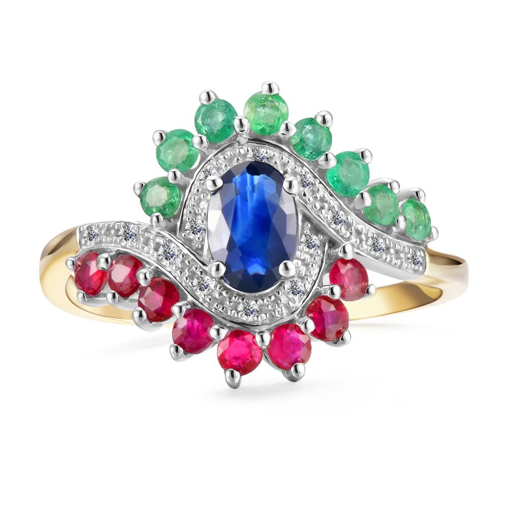 SPARKLD 9ct Yellow Gold Diamond and Multi Gem Cluster Ring