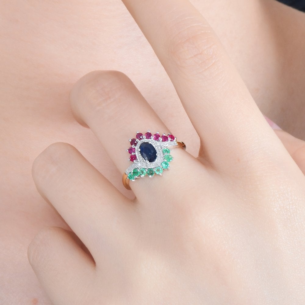 SPARKLD 9ct Yellow Gold Diamond and Multi Gem Cluster Ring