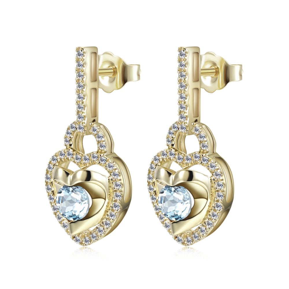 SPARKLD 9ct Yellow Gold Diamond and Blue Topaz Heart Drop Earrings