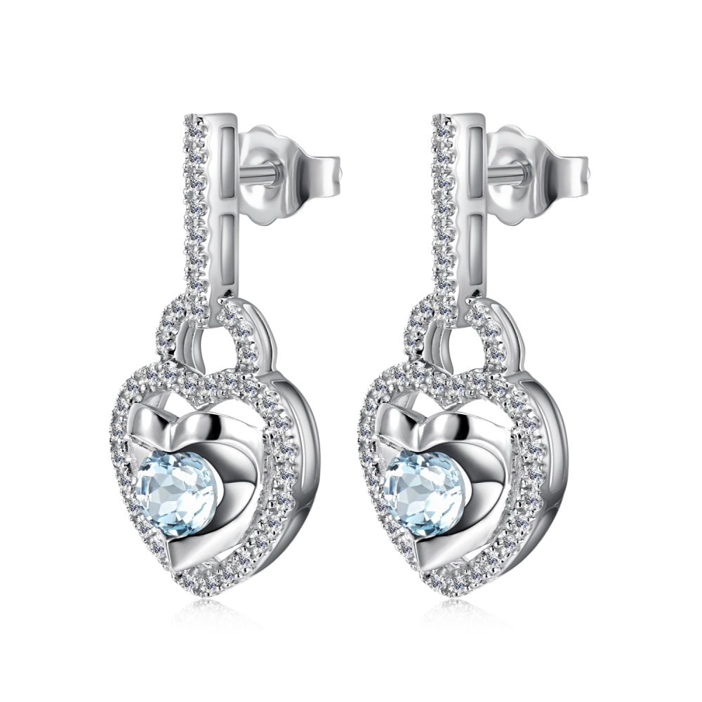 SPARKLD 9ct White Gold Diamond and Blue Topaz Heart Drop Earrings