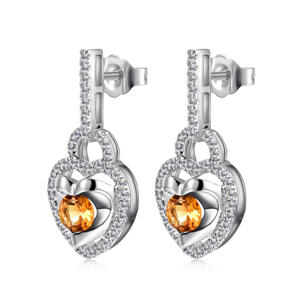SPARKLD 9ct White Gold Diamond and Citrine Heart Drop Earrings