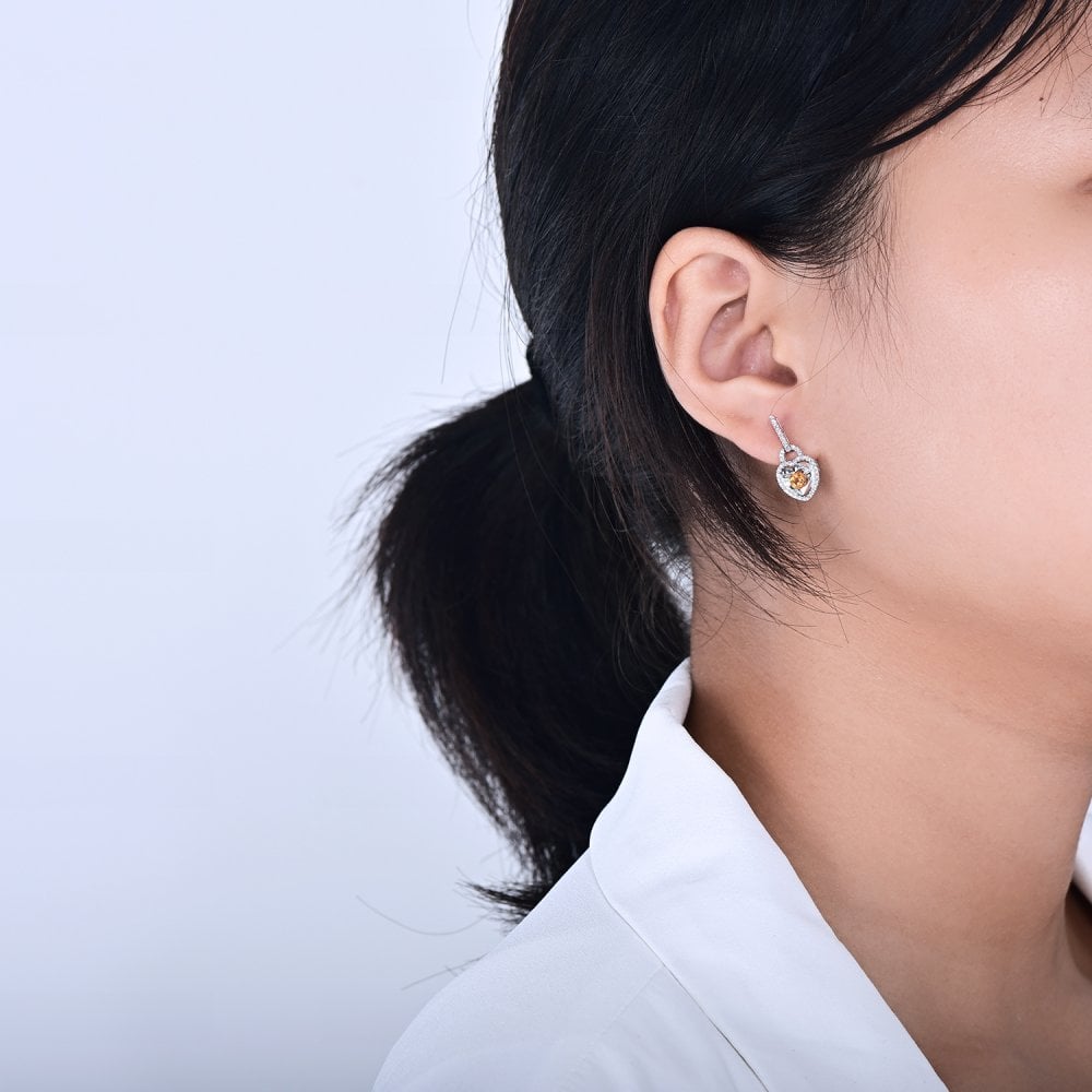 SPARKLD 9ct White Gold Diamond and Citrine Heart Drop Earrings