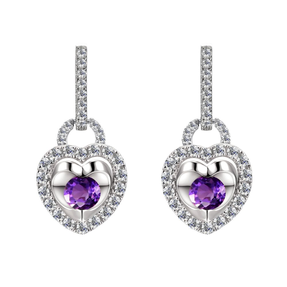 SPARKLD 9ct White Gold Diamond and Amethyst Heart Drop Earrings